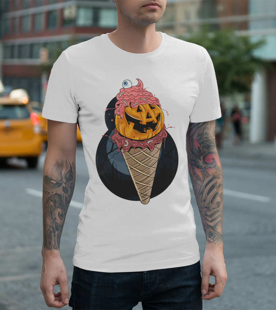 Ice Cream Pumpkin Creepy Cone Halloween Mashup T-Shirt