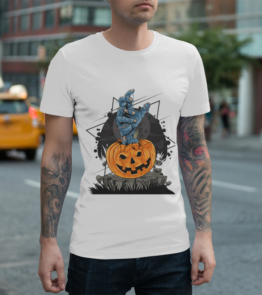 Zombie Hand Emerging from Pumpkin with Spooky Halloween Moon Background T-Shirt