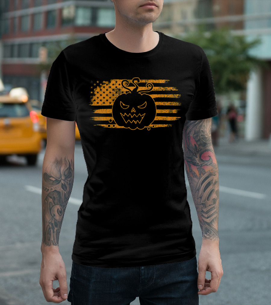 Halloween Pumpkin Monster USA Flag Grunge T-Shirt
