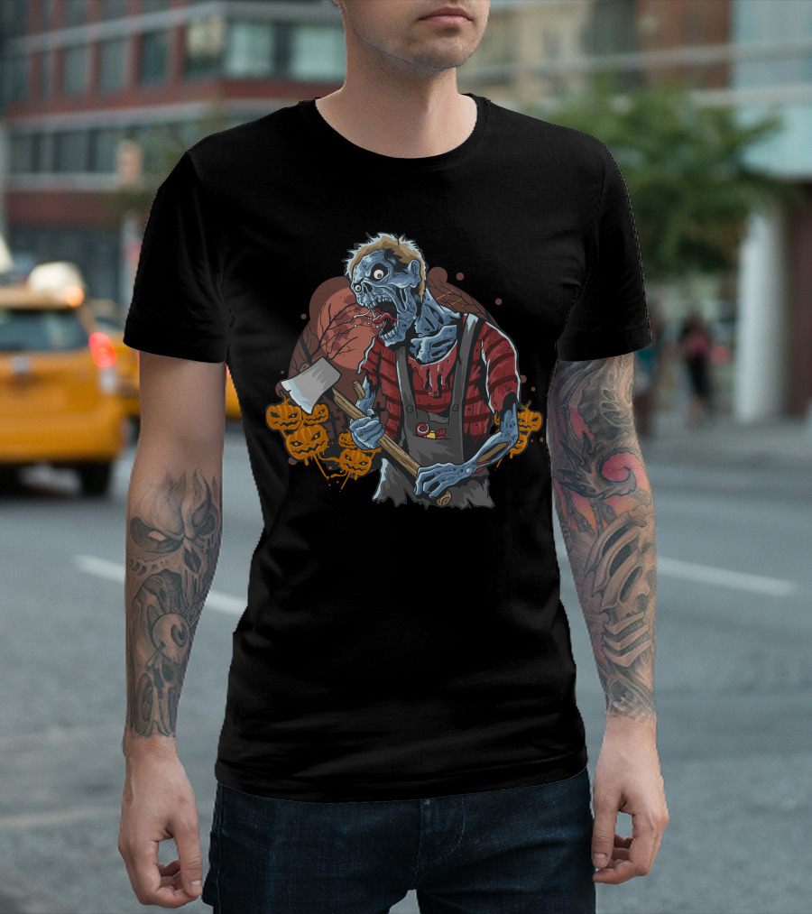 Zombie with Axe and Pumpkins in Spooky Forest T-Shirt