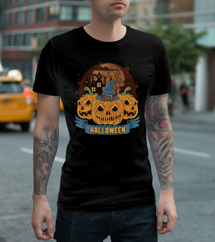 Halloween Spooky Pumpkins with Haunted House and Witch Hat T-Shirt