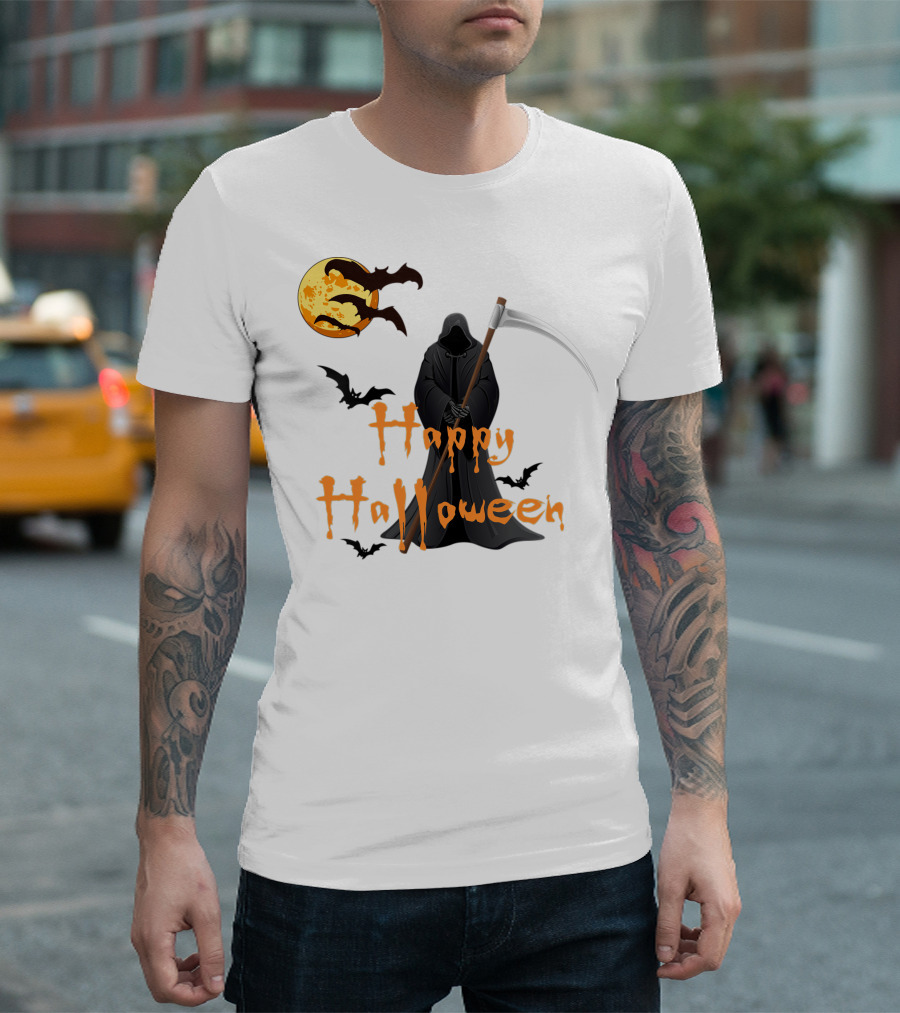 Happy Halloween Grim Reaper with Bats and Moon T-Shirt