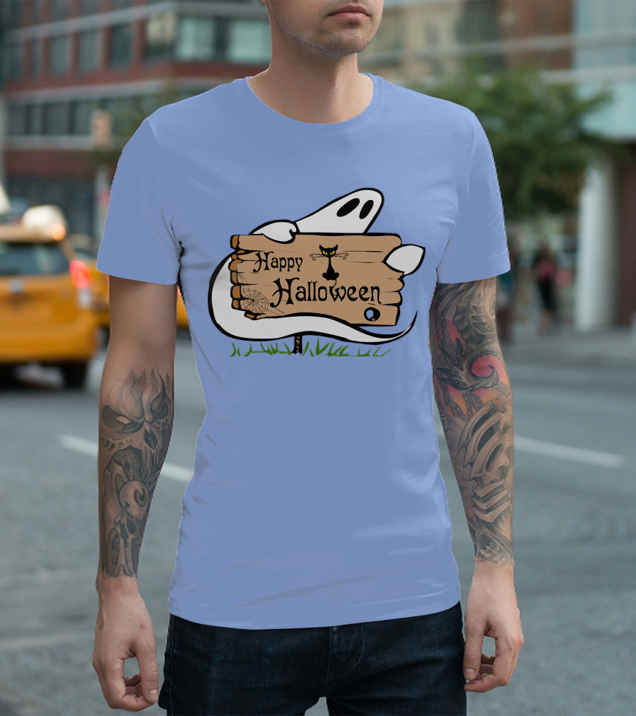 Happy Halloween Ghost with Black Cat and Spider Web T-Shirt