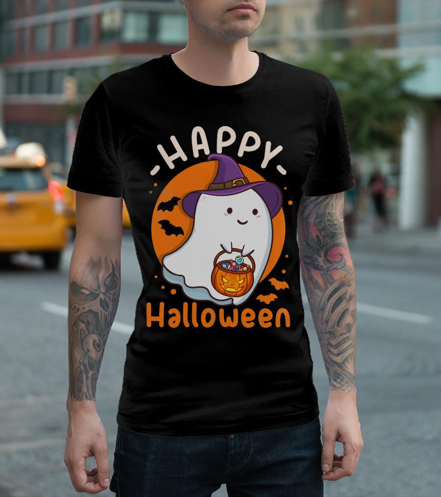 Happy Halloween Ghost with Pumpkin and Witch Hat T-Shirt