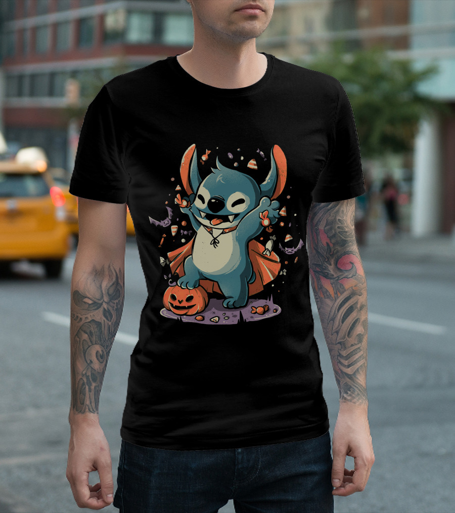 Halloween Cute Cartoon Stitch Vampire Candy Pumpkin T-Shirt
