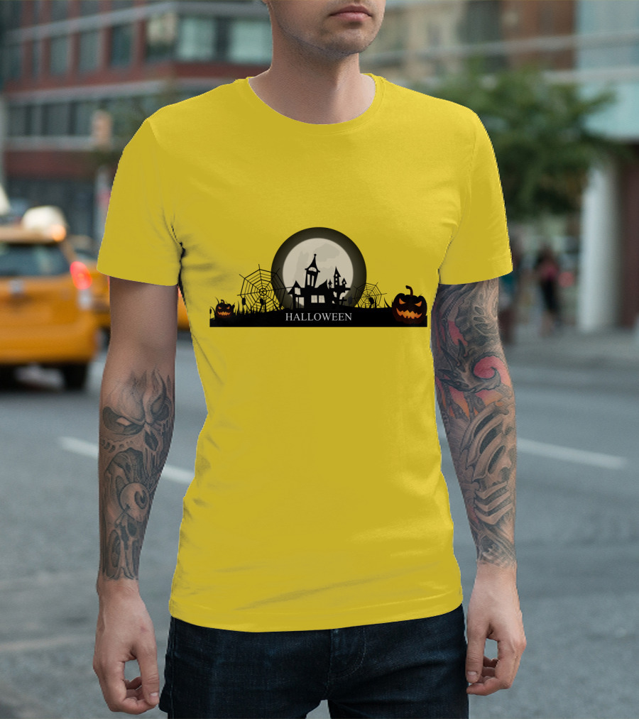 Haunted House and Jack-o'-Lantern Silhouette with Full Moon Halloween Scene T-Shirt