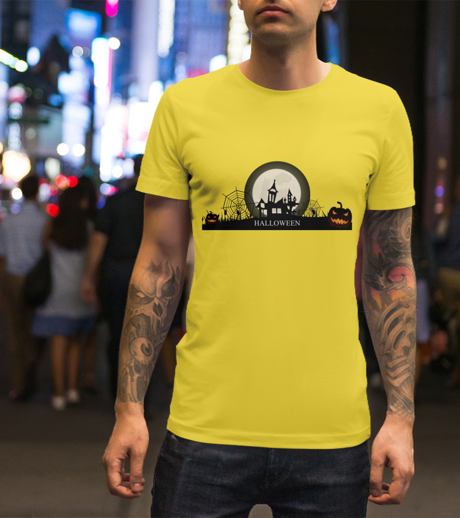 Haunted House And Jack-o'-Lantern Silhouette With Full Moon Halloween Scene T-Shirt