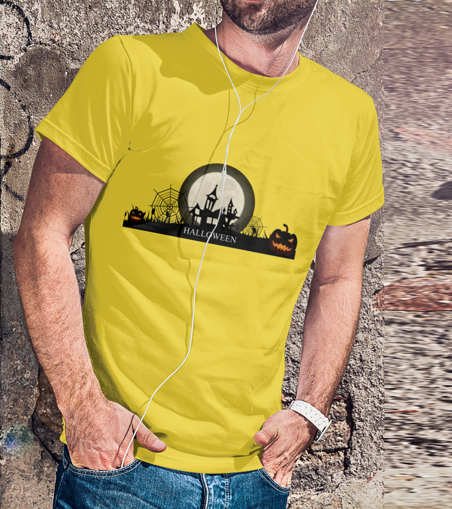 Haunted House And Jack-o'-Lantern Silhouette With Full Moon Halloween Scene T-Shirt