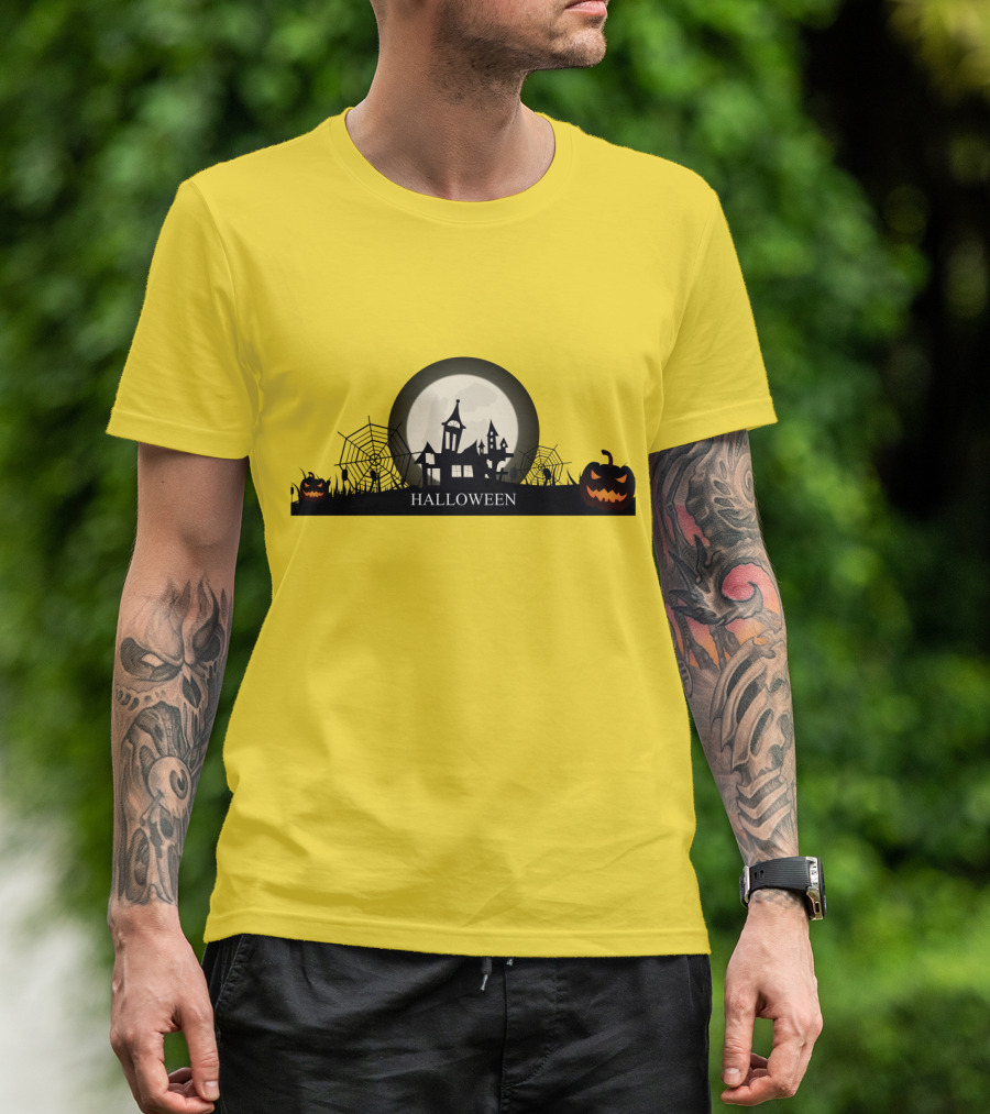 Haunted House And Jack-o'-Lantern Silhouette With Full Moon Halloween Scene T-Shirt