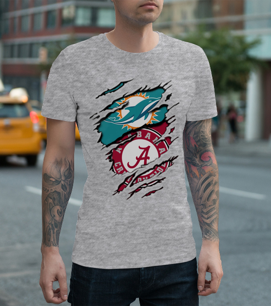 Alabama Crimson Tide and Miami Dolphins Logo Fusion T-Shirt