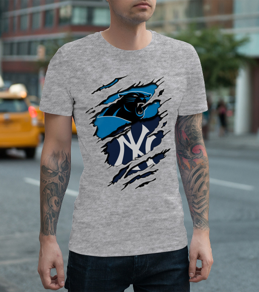 Panthers Yankees Claw Rip Logos Mashup T-Shirt