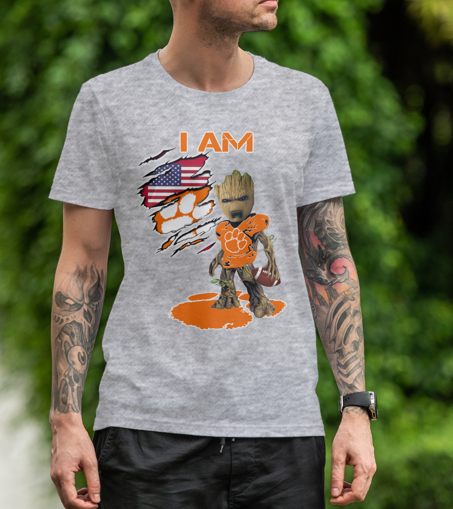 I AM Groot Clemson Football American Flag Background T-Shirt