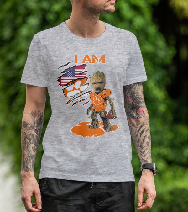 I AM Groot Clemson Football American Flag Background T-Shirt