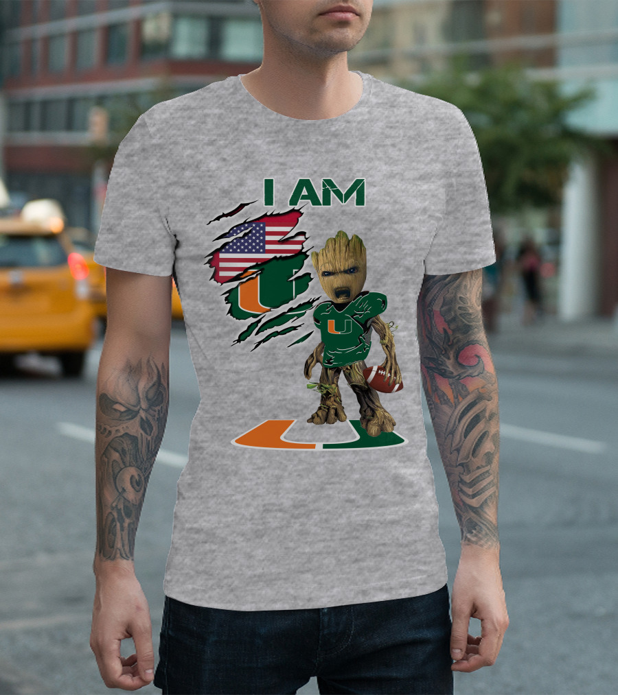 I Am University of Miami Hurricanes Football Groot American Flag T-Shirt
