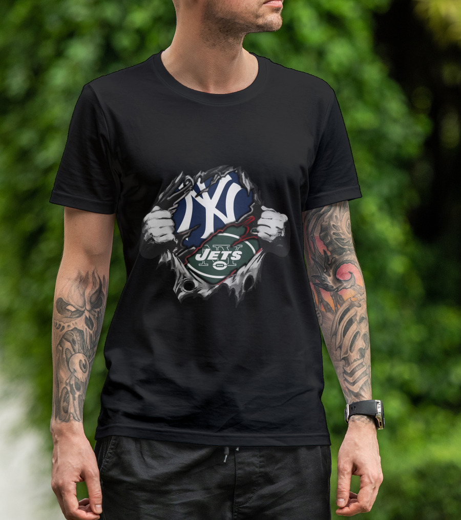 New York Yankees NY And New York Jets Logo Fusion T-Shirt