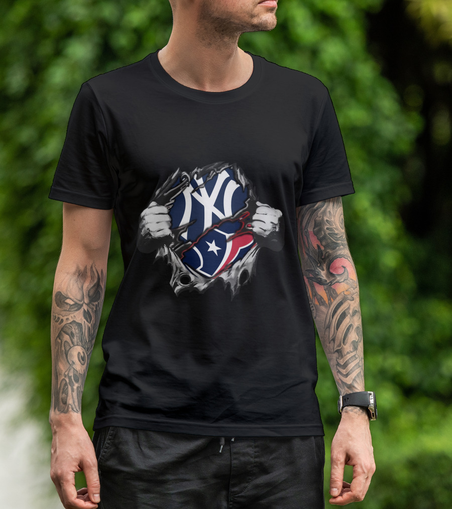 Texans Yankees Logo Fusion With Tearing Hands T-Shirt