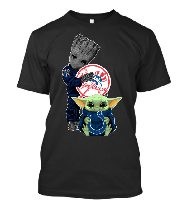 Yankees Groot Holding Baseball With Colts Baby Yoda T-Shirt