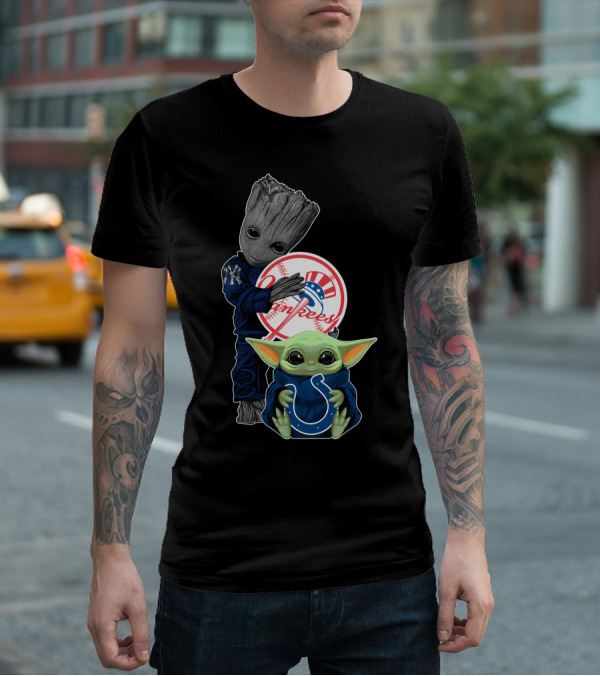 Yankees Groot Holding Baseball With Colts Baby Yoda T-Shirt