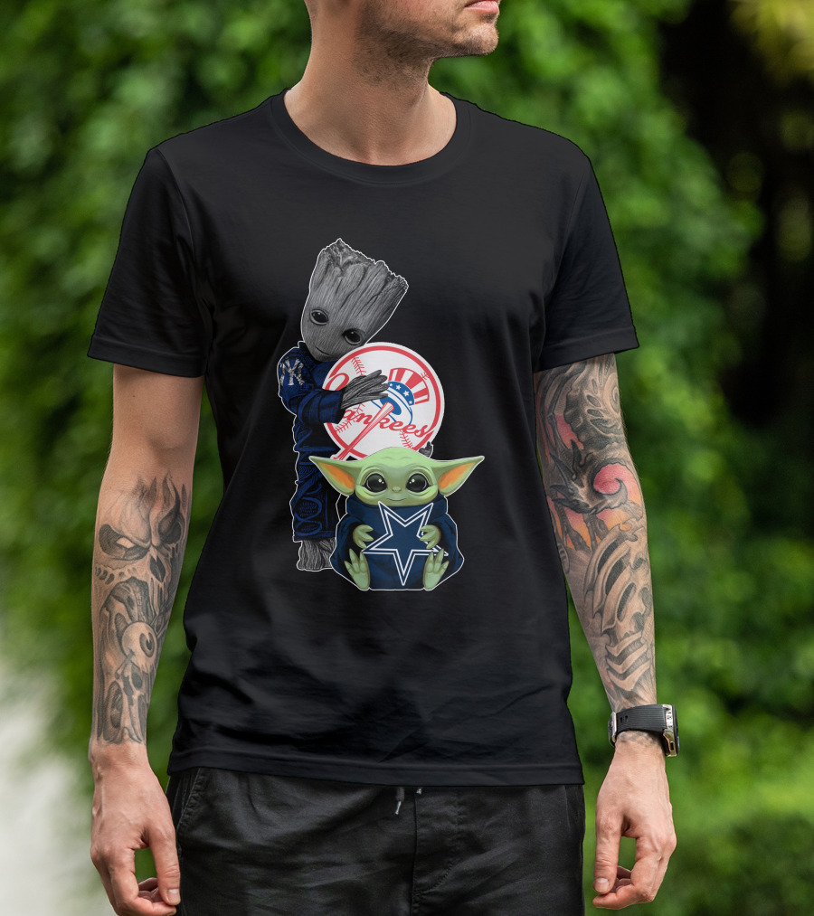 Yankees Cowboys Baby Groot And Baby Yoda Star Wars Crossover T-Shirt