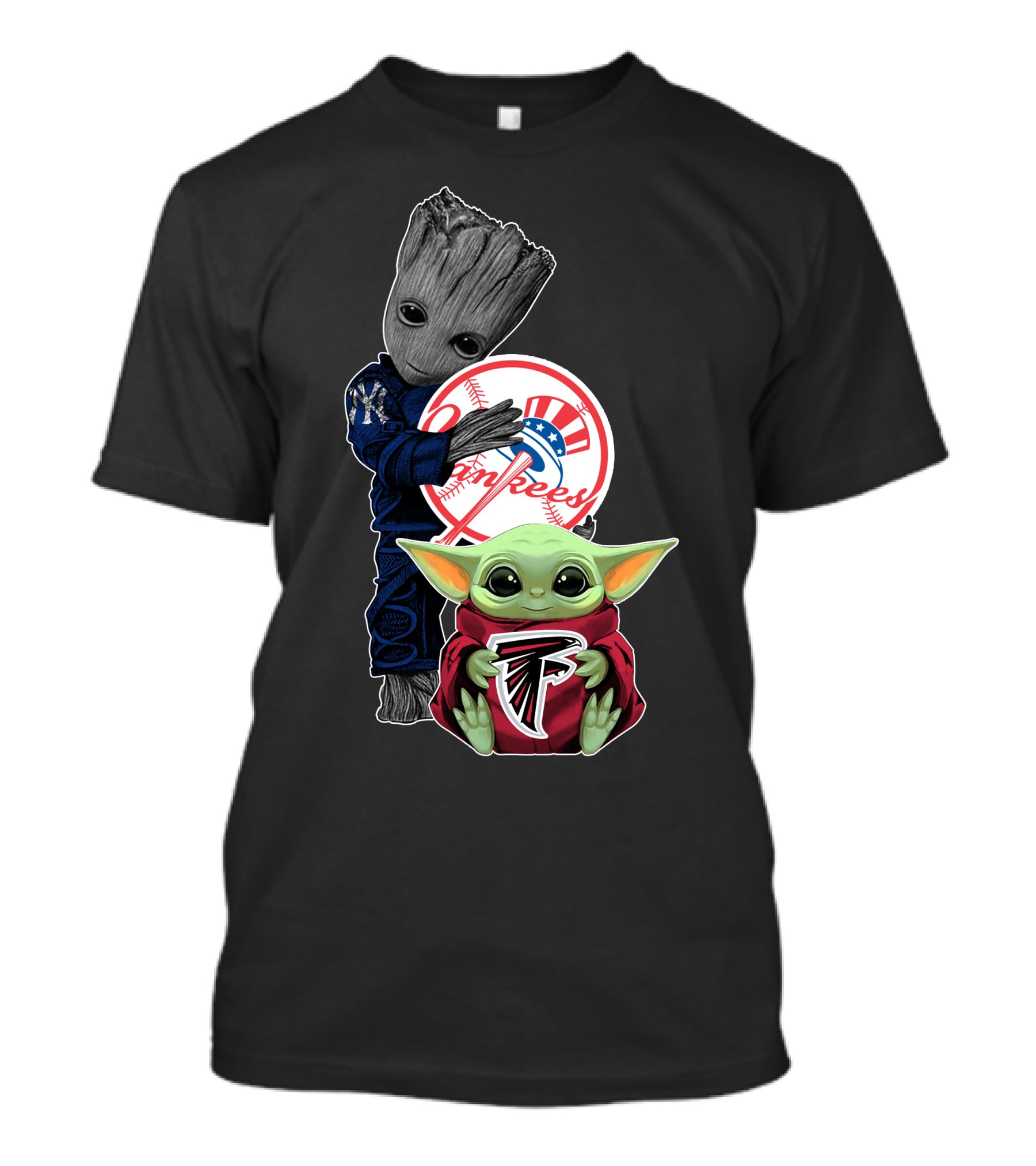 Yankees Falcons Baby Groot And Mandalorian Character T-Shirt