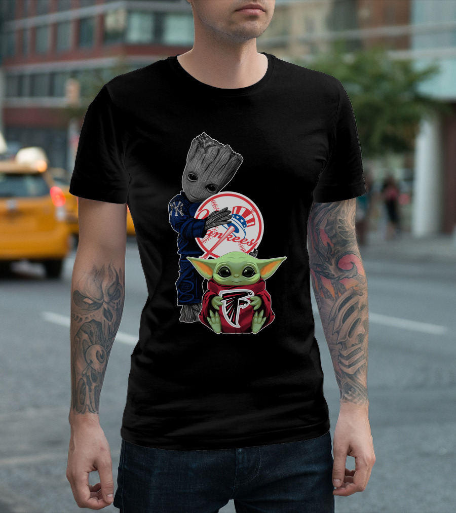 Yankees Falcons Baby Groot and Mandalorian Character T-Shirt