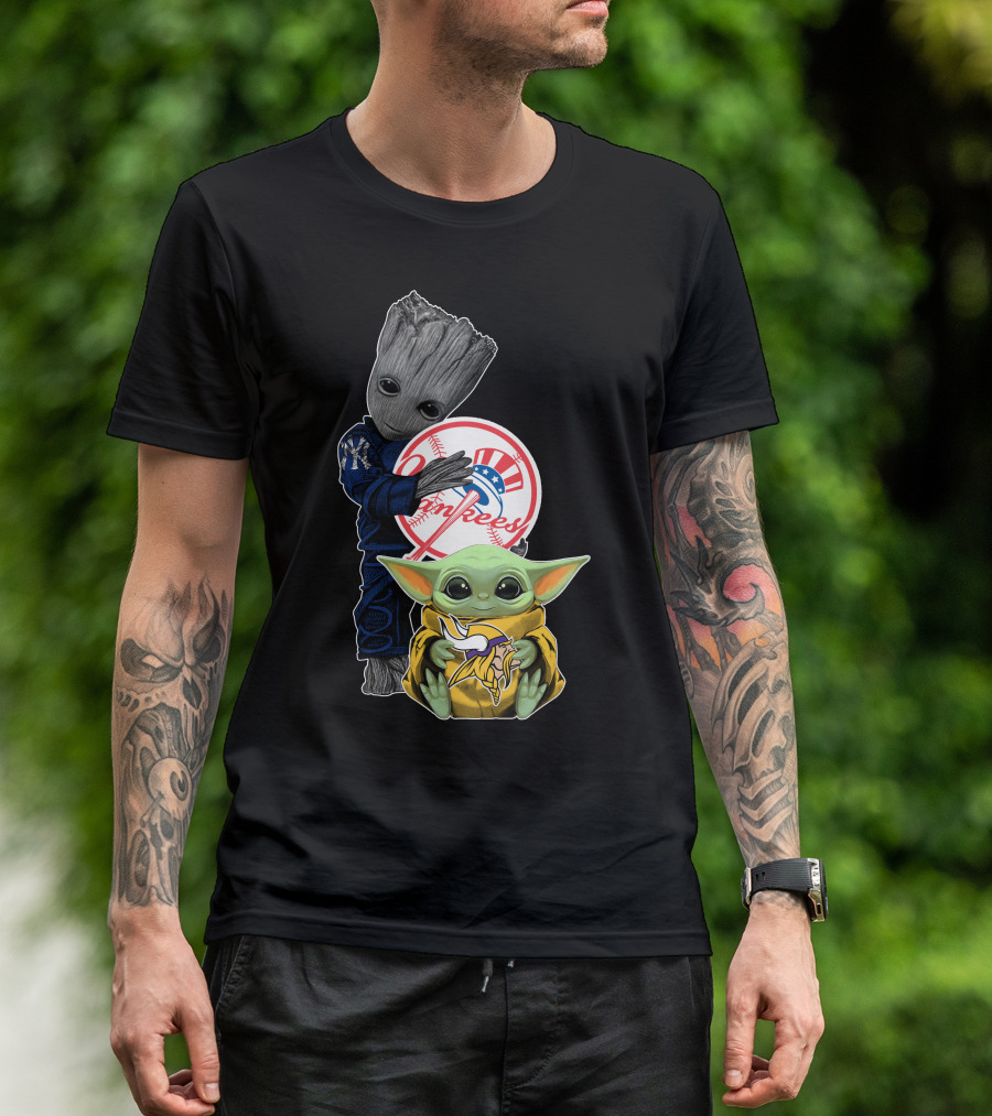 Yankees Baby Groot And Yoda Star Wars Minnesota Vikings T-Shirt