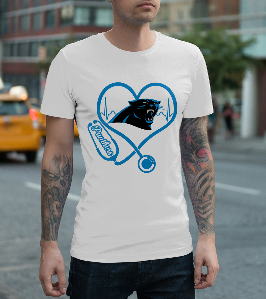 Carolina Panthers Nurse Love Stethoscope Heartbeat Panthers T-Shirt