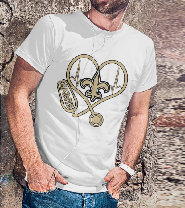 Nurse Love Saints Heartbeat Fleur-de-Lis Football T-Shirt