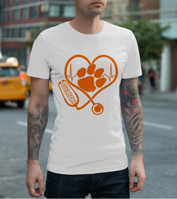 Clemson Tigers Nurse Heartbeat Paw Stethoscope T-Shirt