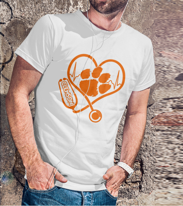 Clemson Tigers Nurse Heartbeat Paw Stethoscope T-Shirt