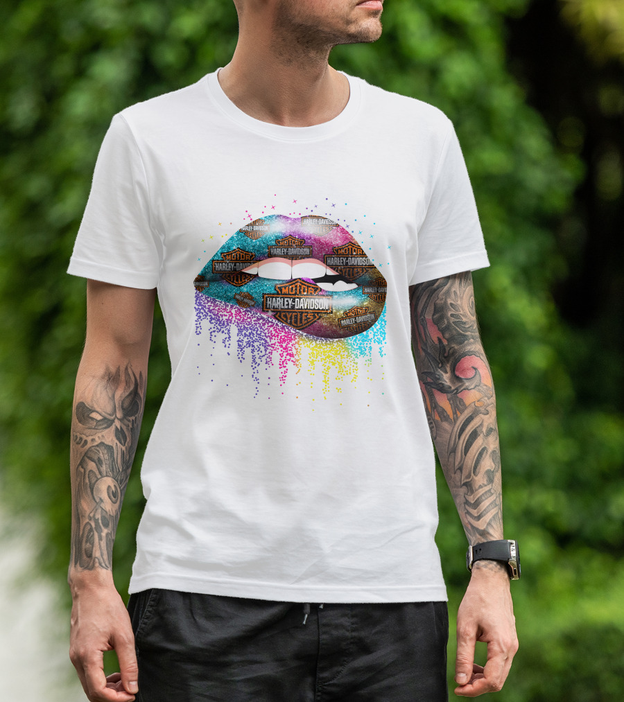 Harley Davidson Colorful Lips Motor Cycles T-Shirt