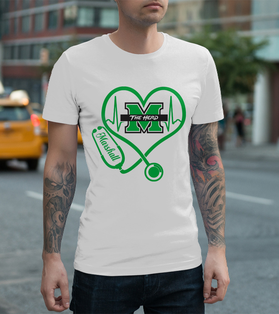 Marshall Thundering Herd Nurse Love Heartbeat Stethoscope T-Shirt