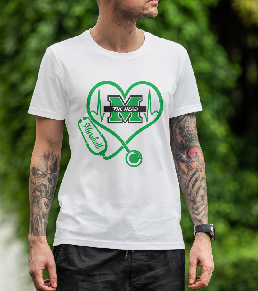 Marshall Thundering Herd Nurse Love Heartbeat Stethoscope T-Shirt