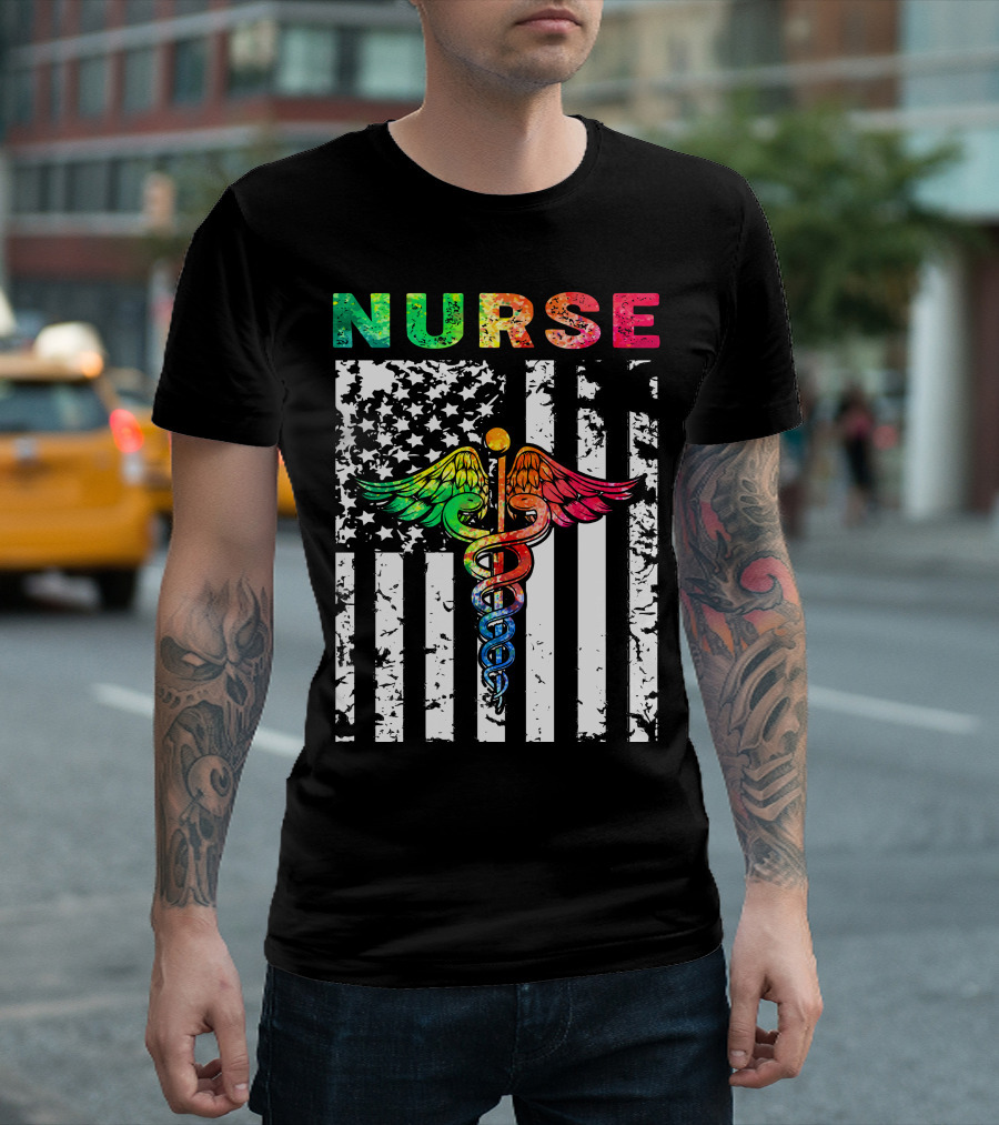 Nurse Usa Flag With Rainbow Caduceus Symbol T-Shirt
