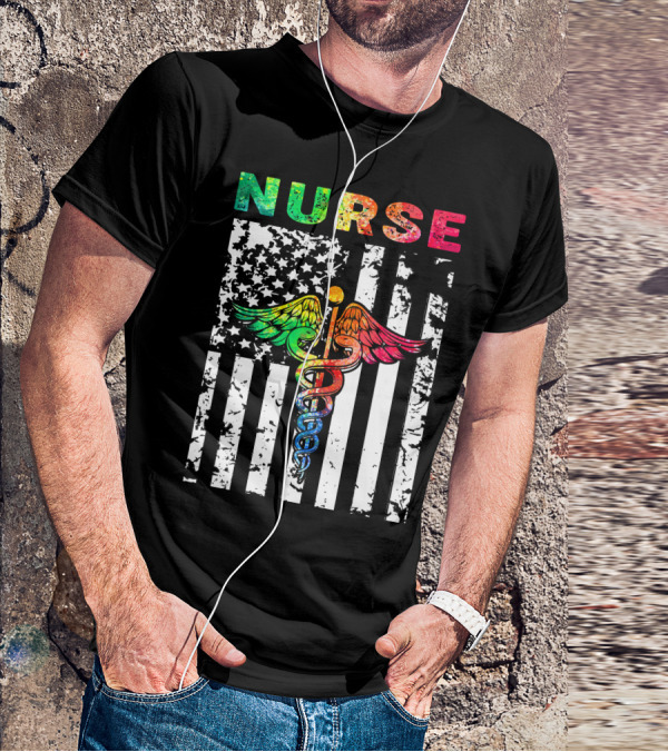 Nurse Usa Flag With Rainbow Caduceus Symbol T-Shirt