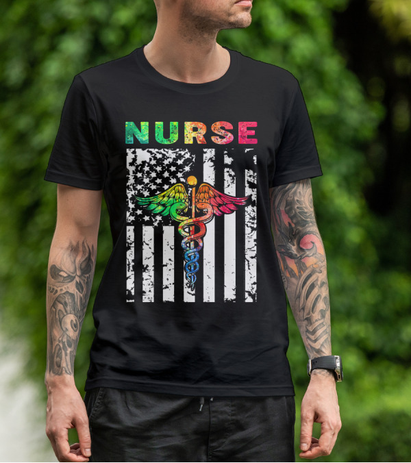 Nurse Usa Flag With Rainbow Caduceus Symbol T-Shirt