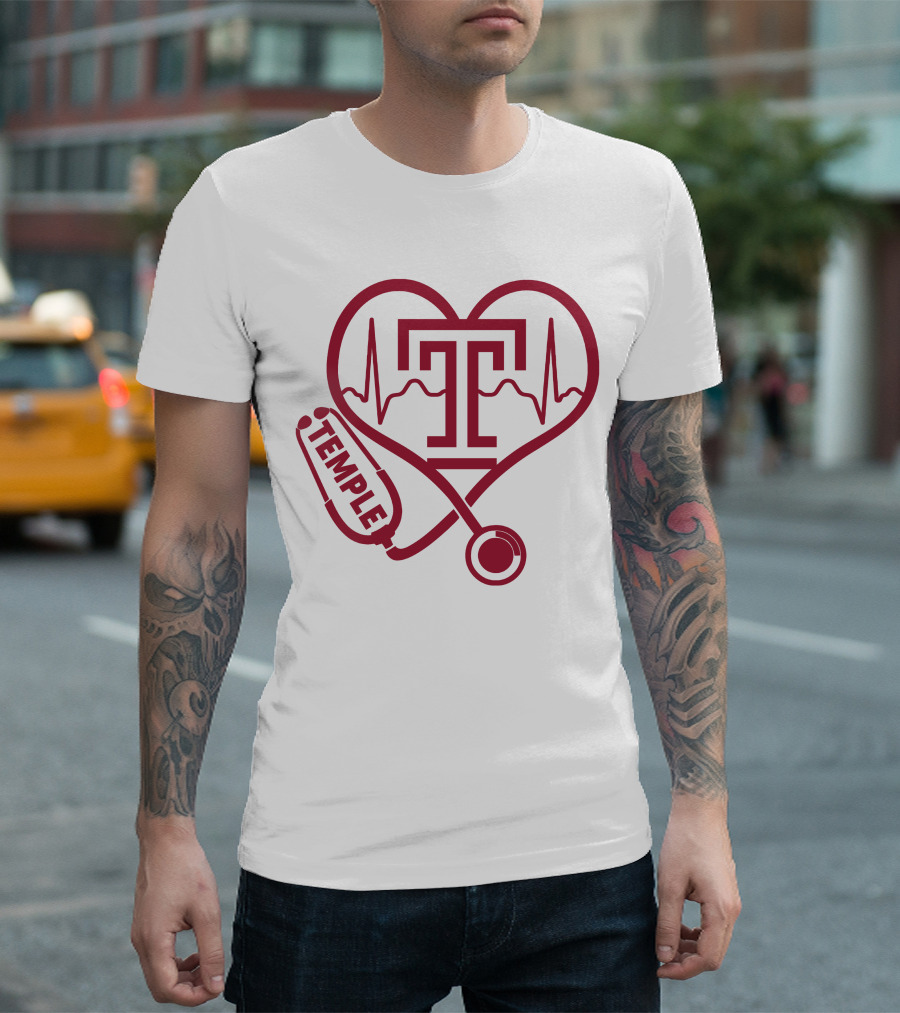 Nurse Love Temple Owls Football Stethoscope Heartbeat T-Shirt