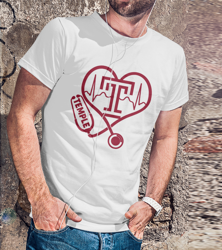 Nurse Love Temple Owls Football Stethoscope Heartbeat T-Shirt