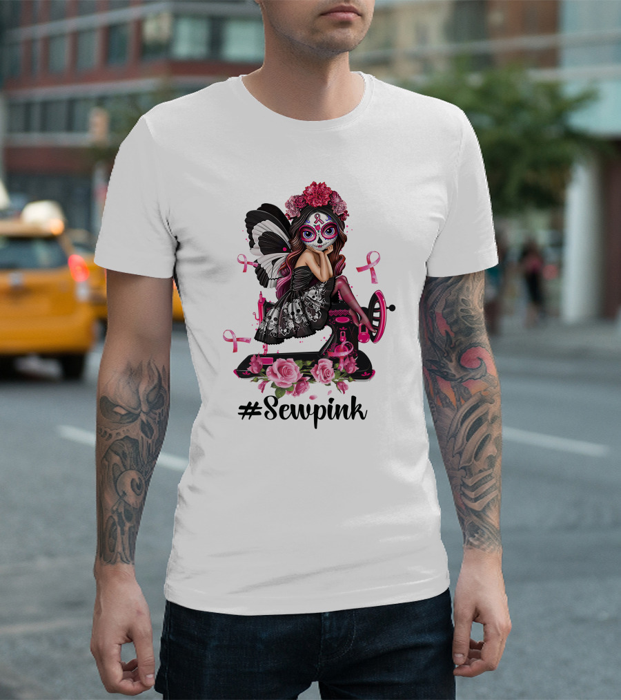 Sewpink Butterfly Sugar Skull Sewing Machine Ribbon Roses T-Shirt