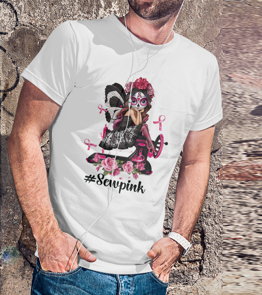 Sewpink Butterfly Sugar Skull Sewing Machine Ribbon Roses T-Shirt