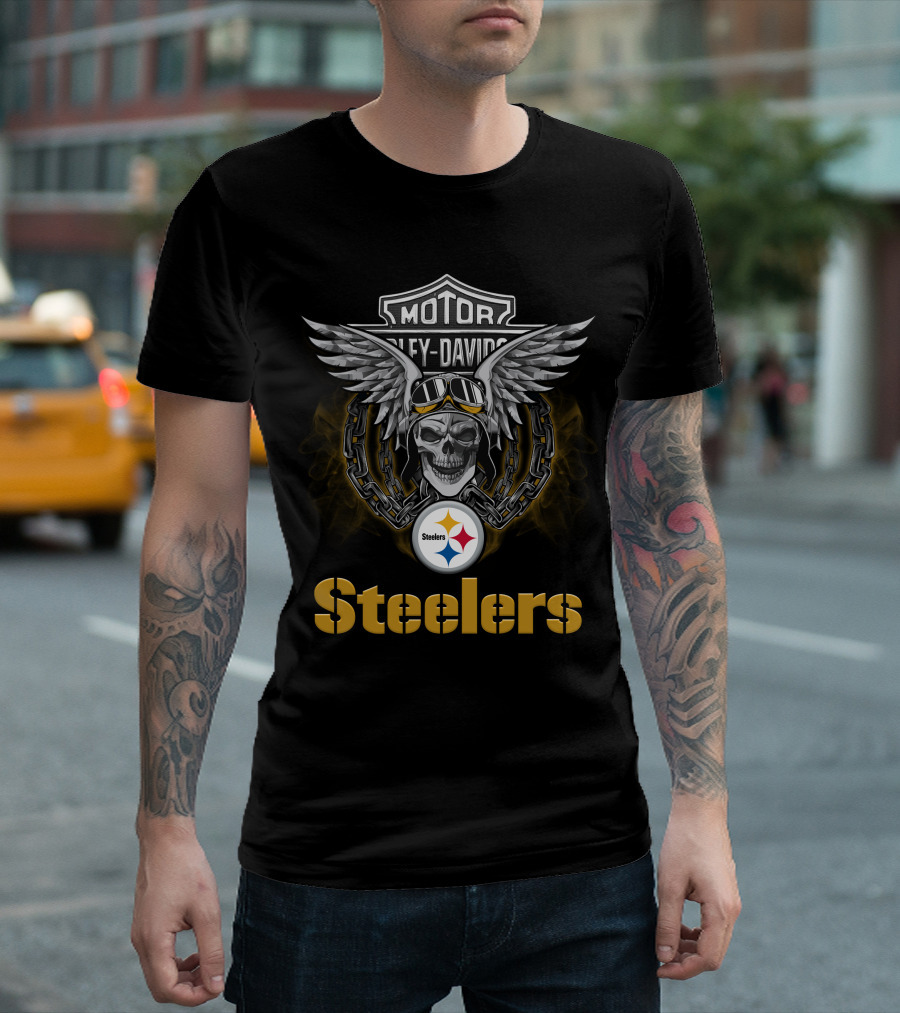 Harley Davidson Motorcycle Biker Skull Wings Steelers Nfl Pittsburgh Steelers T-Shirt