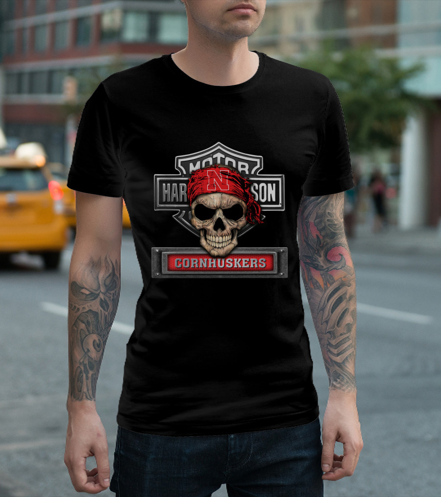 Harley Davidson Skull Ncaa Nebraska Cornhuskers Logo Motorcycle Biker T-Shirt