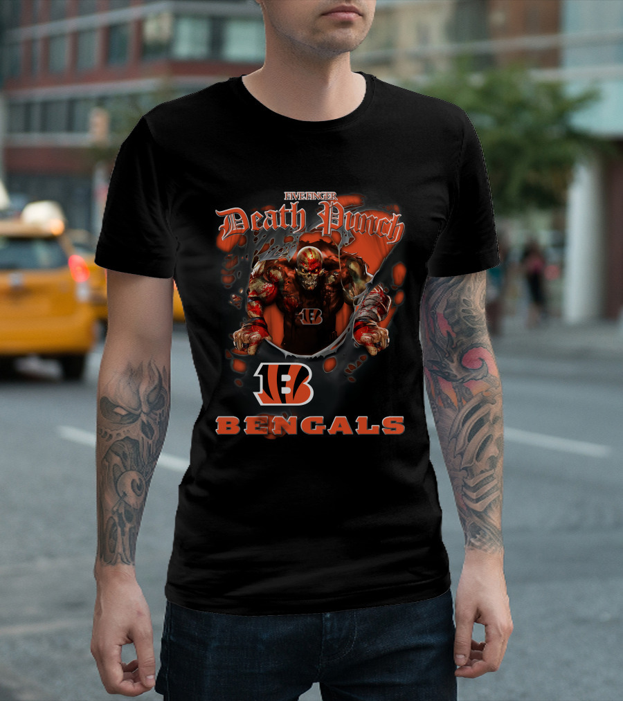 Five Finger Death Punch Nfl Cincinnati Bengals Biker Theme With Harley Davidson Elements T-Shirt