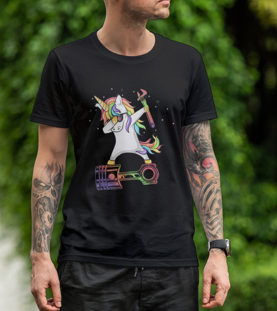 Mechanic Dabbing Unicorn Rainbow Wrench Piston T-Shirt