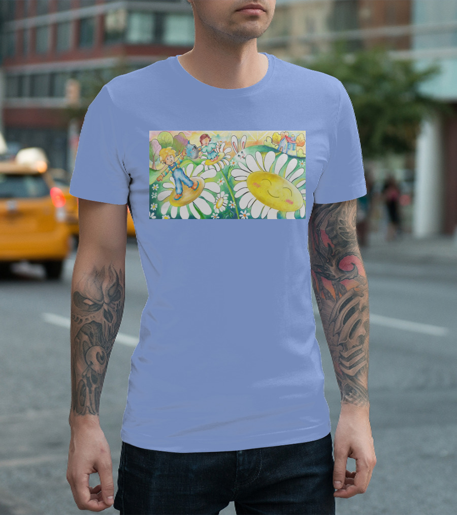 Lodo Happy Sunflower Meadows with Kids and Bunny in a Vibrant Landscape T-Shirt