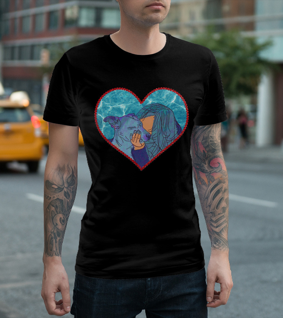 Adopt Don't Shop Heart Embrace of Woman and Dog in Blue and Red Heart T-Shirt