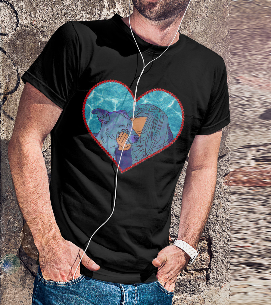 Adopt Don't Shop Heart Embrace Of Woman And Dog In Blue And Red Heart T-Shirt