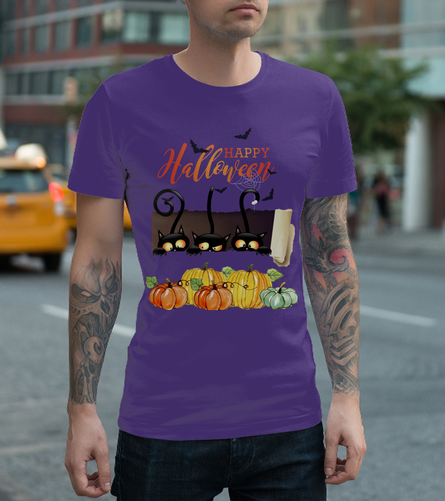 Happy Halloween Cats with Pumpkins and Bats T-Shirt