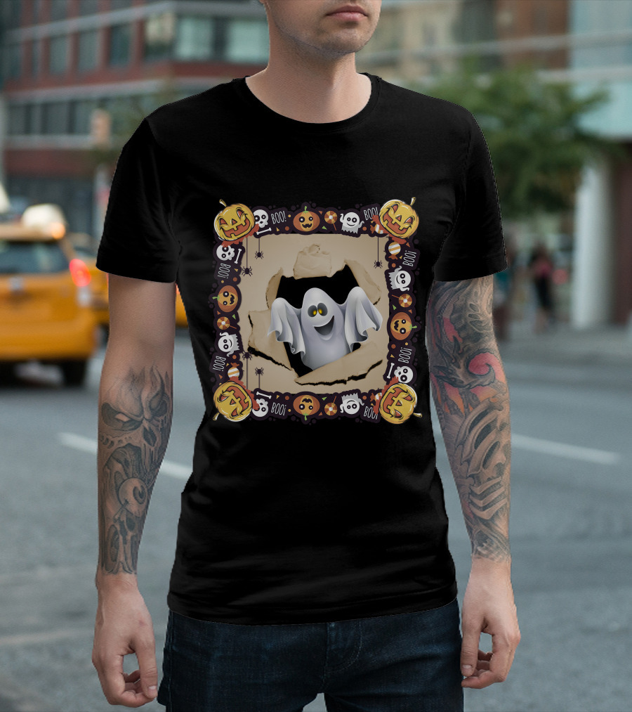 Halloween Pumpkin Ghost Boo Skull and Spider Border T-Shirt