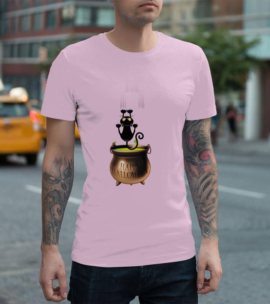 Happy Halloween Black Cat in Cauldron T-Shirt